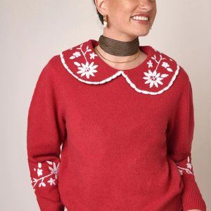 RIXO Lula Embroidered Red Wool Sweater - Size Small